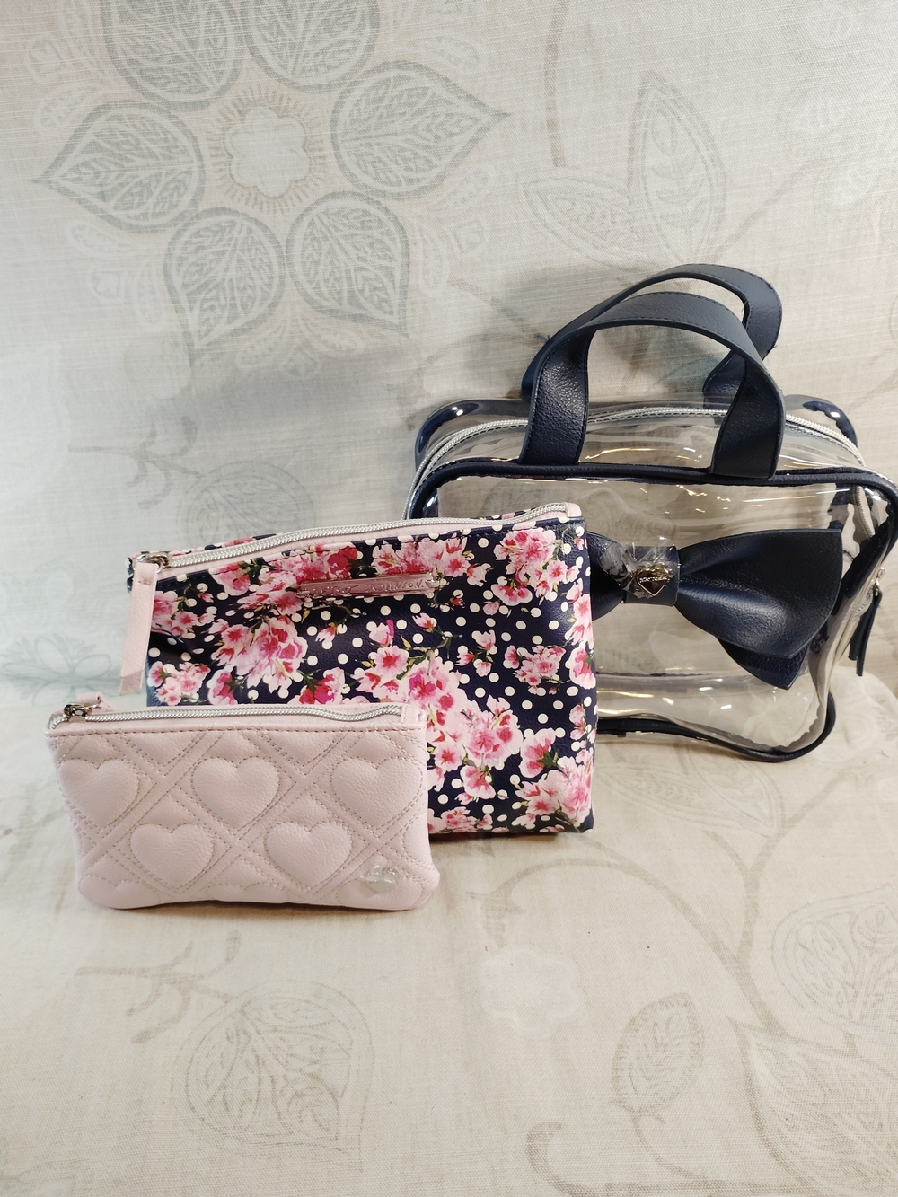 Betsey Johnson 3pc Navy Clear Tote with Floral and Blush Pouches